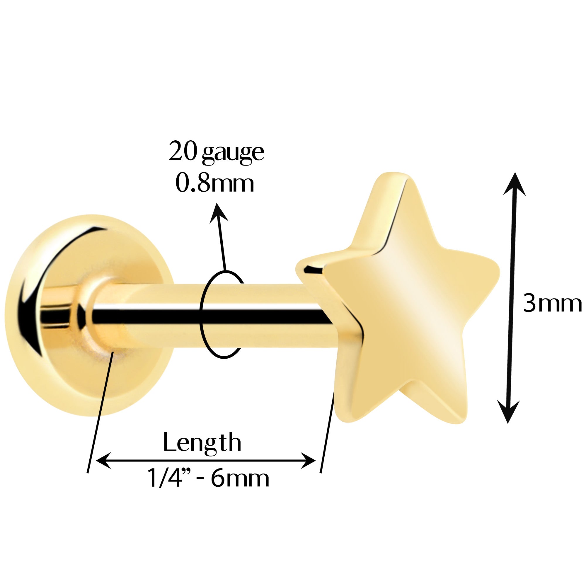 14k Solid Yellow Gold 3mm Star Threadless Push In Flat Back Stud