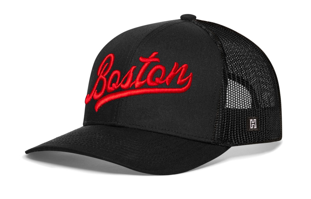 Boston Red Script Trucker Hat | Black Massachusetts Snapback – MH ...