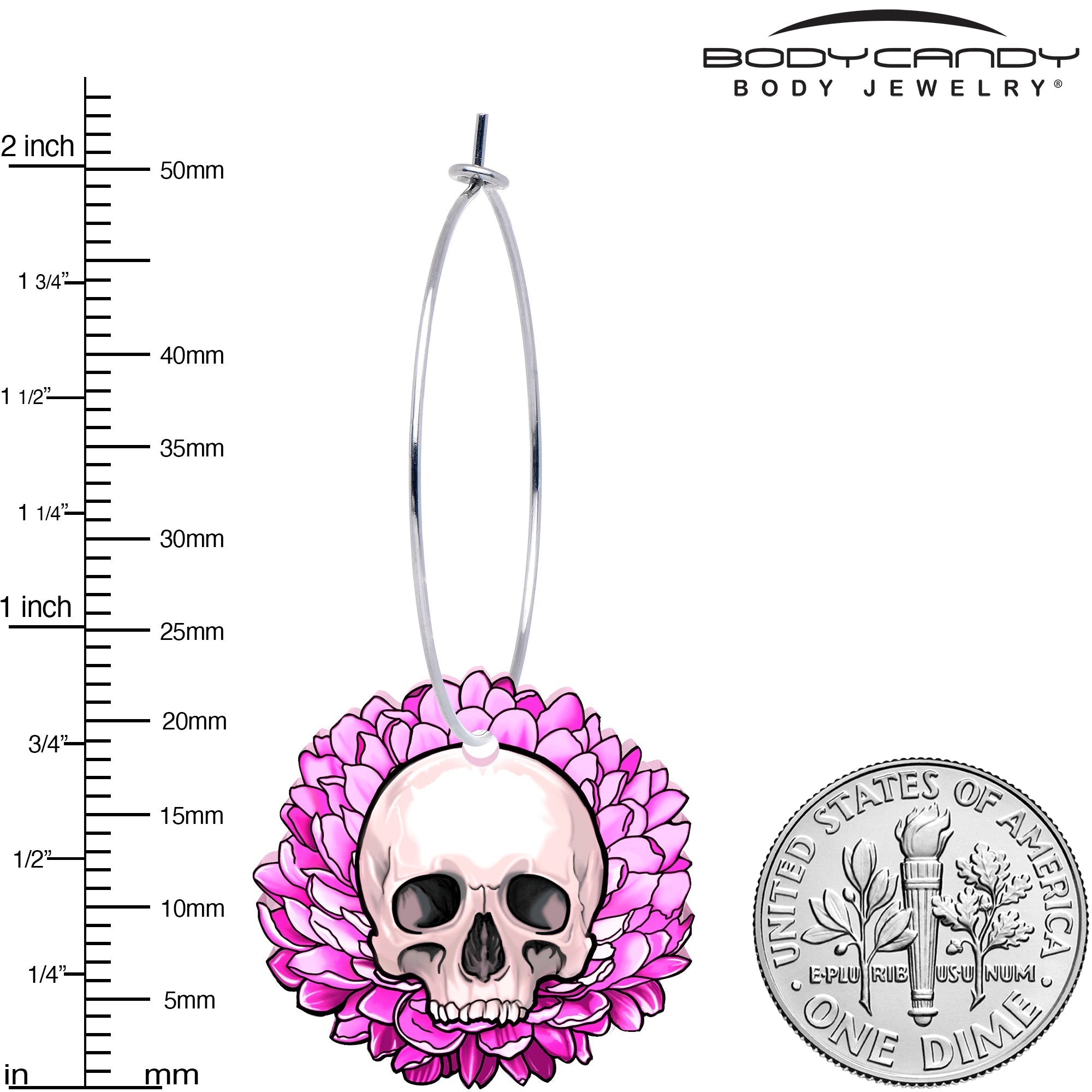 Blooming Pink Flower Skull Hoop Earrings by Onyx O